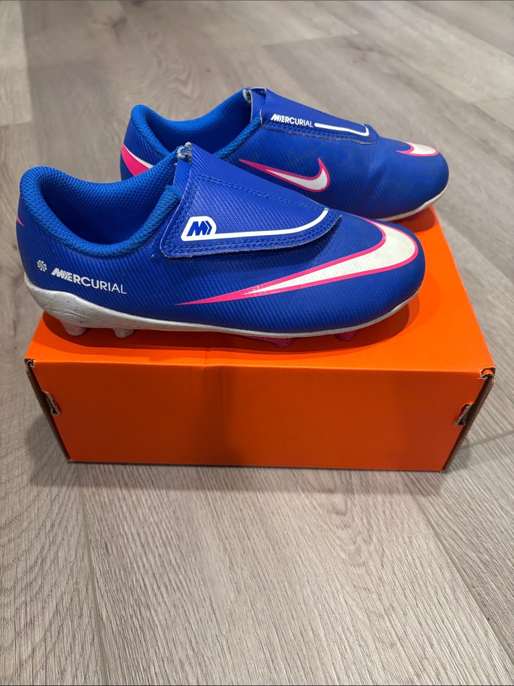 Nike Kids Laceless Royal Blue Soccer Cleats with Pink & White Swoosh (size 12c)